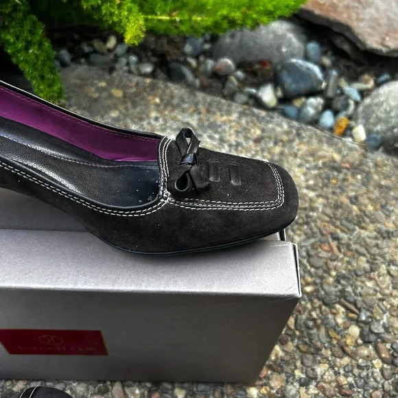 Cole Haan Dark Chocolate Brown Suede Maude Bow Square Toe Heels - Picture 10 of 12